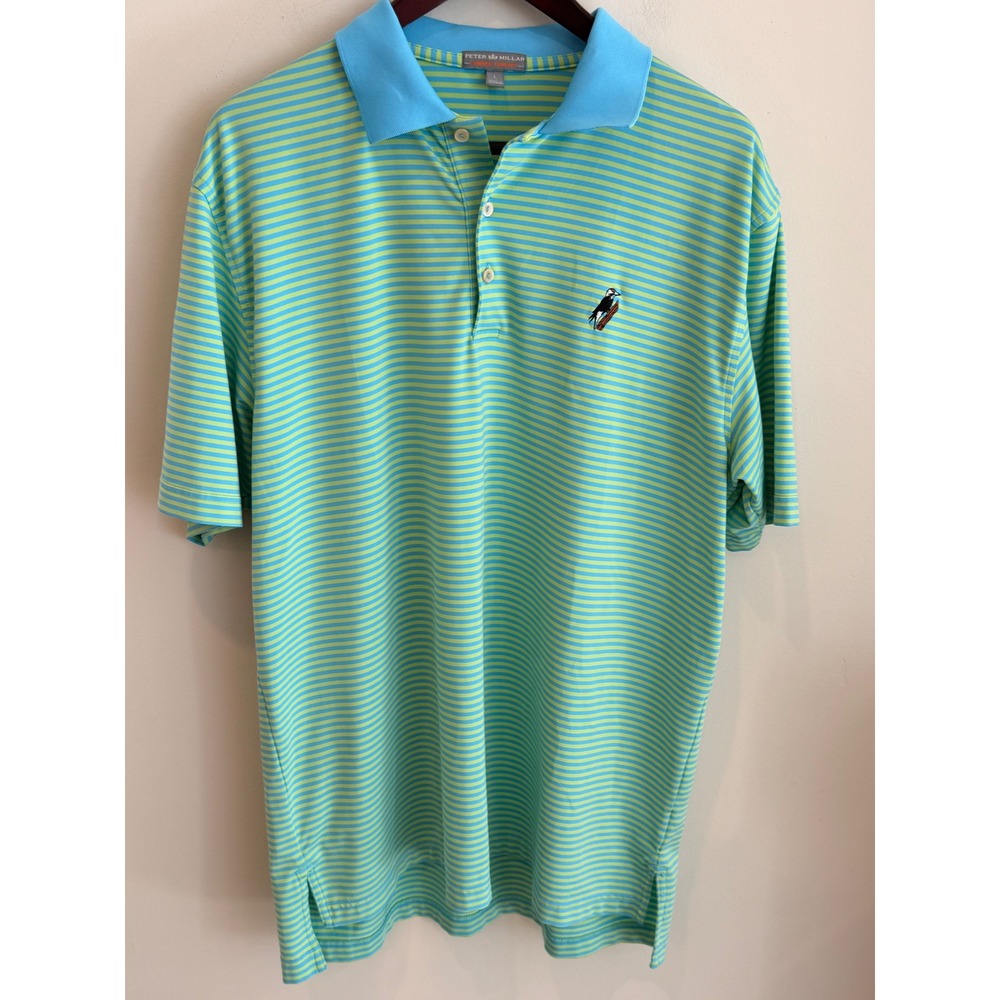 Peter Millar Summer Comfort Polo Shirt Mens Large Blue Green Stripe Woodpecker